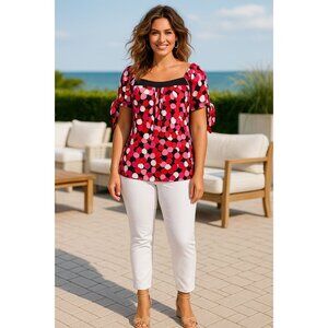 AGB Medium Multicolor Made In USA Blouse Bubble Circle Print Tie Flowey Sleeves